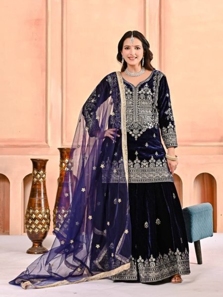 Posh Velvet Embroidered Fully Stitched Sharara Palazzo Suit with Net Dupatta for Winter  Wedding Wear Ready To Wear Suit