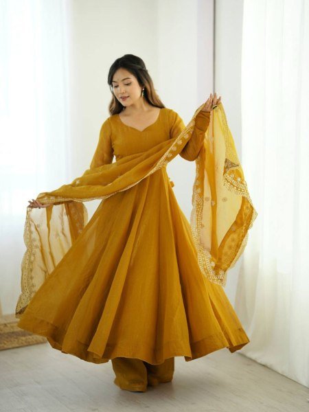 Posh Yellow Fandy Silk Full Sleeve Gown with Embroidered Dupatta for Party Wear Kurtis