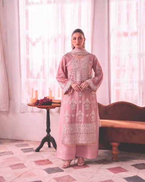 Precious Baby Pink Faux Georgette Embroidered Kurti Plazzo Dupatta Set with Moti Work at Wholesale Rate for Reseller  Pakistani Suits Wholesale