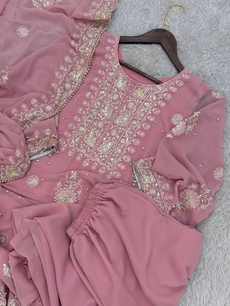 Precious Baby Pink Faux Georgette Embroidered Kurti Plazzo Dupatta Set with Moti Work at Wholesale Rate for Reseller  Pakistani Suits Wholesale