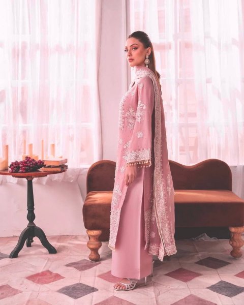 Precious Baby Pink Faux Georgette Embroidered Kurti Plazzo Dupatta Set with Moti Work at Wholesale Rate for Reseller  Pakistani Suits Wholesale