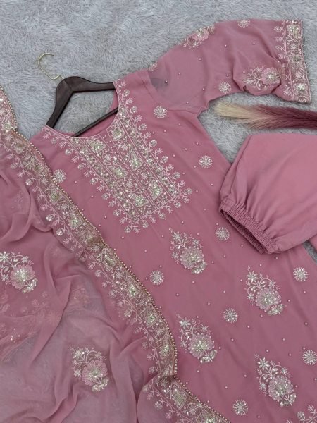 Precious Baby Pink Faux Georgette Embroidered Kurti Plazzo Dupatta Set with Moti Work at Wholesale Rate for Reseller  Pakistani Suits Wholesale