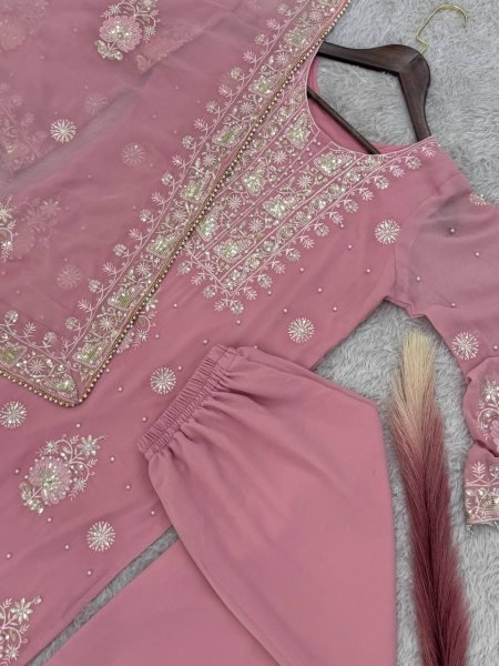 Precious Baby Pink Faux Georgette Embroidered Kurti Plazzo Dupatta Set with Moti Work at Wholesale Rate for Reseller  Pakistani Suits Wholesale