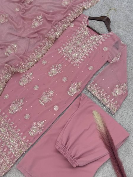 Precious Baby Pink Faux Georgette Embroidered Kurti Plazzo Dupatta Set with Moti Work at Wholesale Rate for Reseller  Pakistani Suits Wholesale