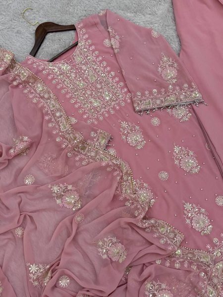 Precious Baby Pink Faux Georgette Embroidered Kurti Plazzo Dupatta Set with Moti Work at Wholesale Rate for Reseller  Pakistani Suits Wholesale
