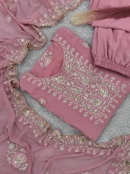 Precious Baby Pink Faux Georgette Embroidered Kurti Plazzo Dupatta Set with Moti Work at Wholesale Rate for Reseller  Pakistani Suits Wholesale