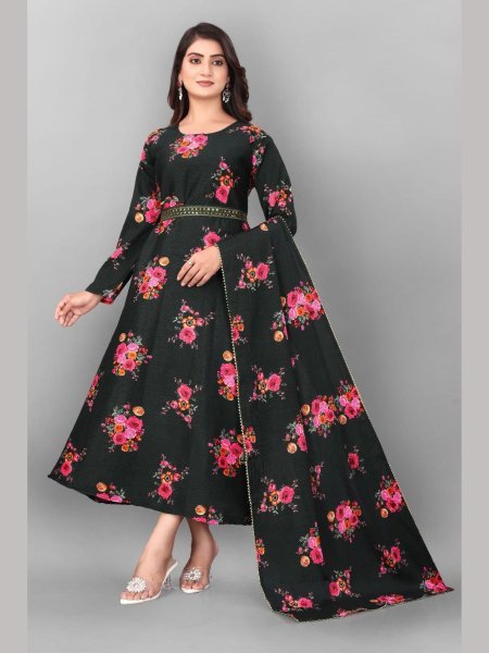 Precious Black Delta Cotton Gown With Belt and Lace Dupatta for Hot Selling at Manufacturer Rate Kurti With Dupatta Wholesale