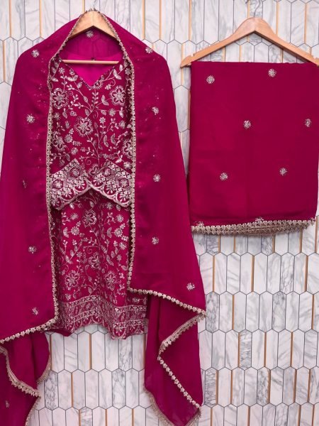 Precious Pink Faux Georgette Embroidered Plazo Suit Set  Perfect for Parties Ready To Wear Suit