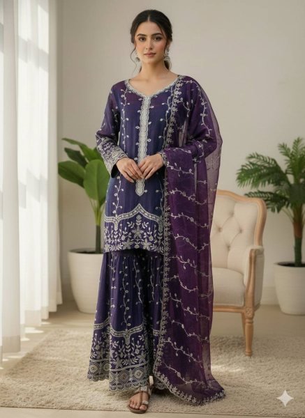 Precious Purple Fully Stitch  Embroidery Sequence Work Silk Suit with Plazzo with Dupatta  for International Buyers Ready To Wear Collection