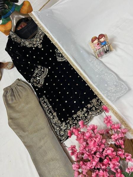 Premium Black Velvet Embroidered Kurti Pant Dupatta Set For Party Wear At Manufacturer Price Ready To Wear Collection