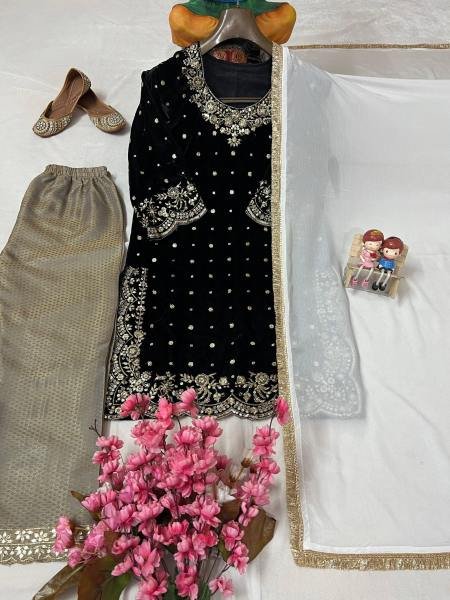Premium Black Velvet Embroidered Kurti Pant Dupatta Set For Party Wear At Manufacturer Price Ready To Wear Collection