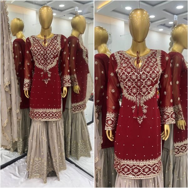 Premium Chanderi Booti Dress Material with Sequins Embroidery and Indian Santoon Bottom Ready To Wear Collection