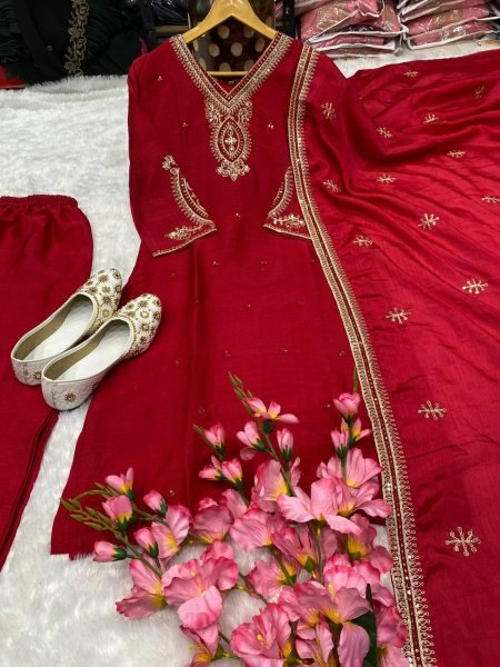 Premium Chinon Silk Embroidered Kurti Set with Sequins Border Dupatta & Stitched Pant Perfact Festive & Wedding Wear Outfit for Women Ready To Wear Collection