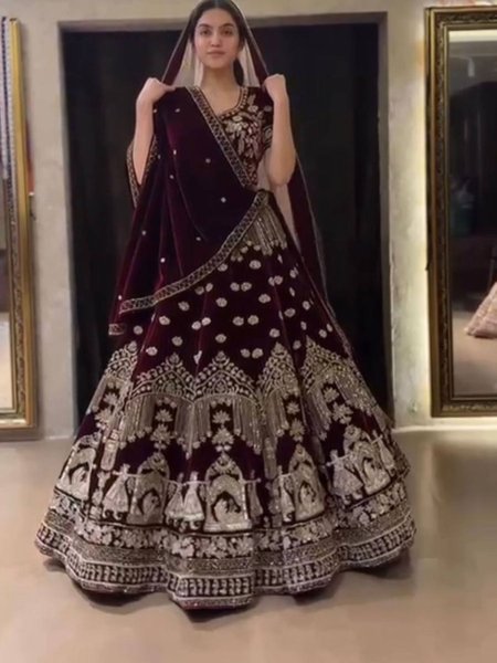 Premium Coding Sequence Work With Double Cancan Semi Stitched 9000 Velvet Bridal Lehenga Choli With Dupatta For Women   New Bridal Latest Wedding Lehe  Lehenga