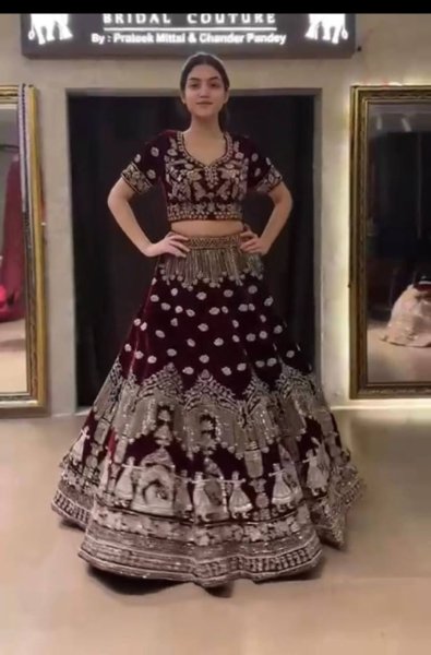 Premium Coding Sequence Work With Double Cancan Semi Stitched 9000 Velvet Bridal Lehenga Choli With Dupatta For Women   New Bridal Latest Wedding Lehe Bridal Lehenga Choli