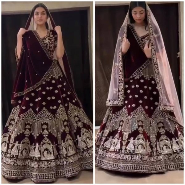 Premium Coding Sequence Work With Double Cancan Semi Stitched 9000 Velvet Bridal Lehenga Choli With Dupatta For Women   New Bridal Latest Wedding Lehe Bridal Lehenga Choli