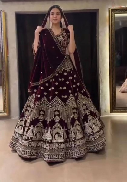 Premium Coding Sequence Work With Double Cancan Semi Stitched 9000 Velvet Bridal Lehenga Choli With Dupatta For Women   New Bridal Latest Wedding Lehe Bridal Lehenga Choli