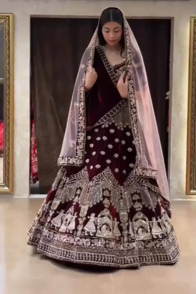 Premium Coding Sequence Work With Double Cancan Semi Stitched 9000 Velvet Bridal Lehenga Choli With Dupatta For Women   New Bridal Latest Wedding Lehe Bridal Lehenga Choli