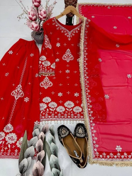 Premium Crafted Red Fully Stitched Georgette Embroidered Suit Perfect for Wholesaler  Ready To Wear Collection