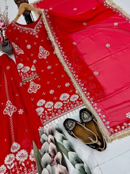Premium Crafted Red Fully Stitched Georgette Embroidered Suit Perfect for Wholesaler  Ready To Wear Collection