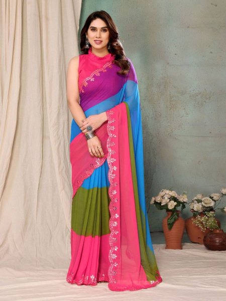 Premium Designer Faux Georgette Saree with Mirror Work Georgette Sarees Wholesale