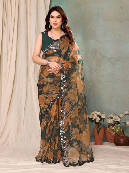 Premium Designer Faux Georgette Saree with Mirror Work Georgette Sarees Wholesale