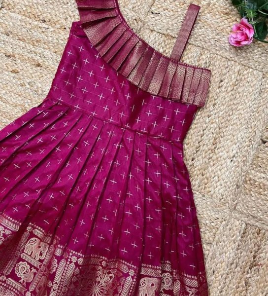 Premium Designer Paithani Silk Gown for Kids with Jacquard Weaving Girls Wear