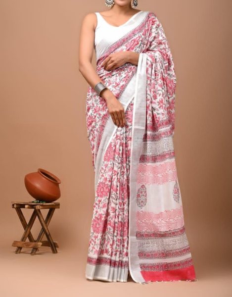 Premium Digital Printed with Zari Border Saree   Linen Sarees Wholesale