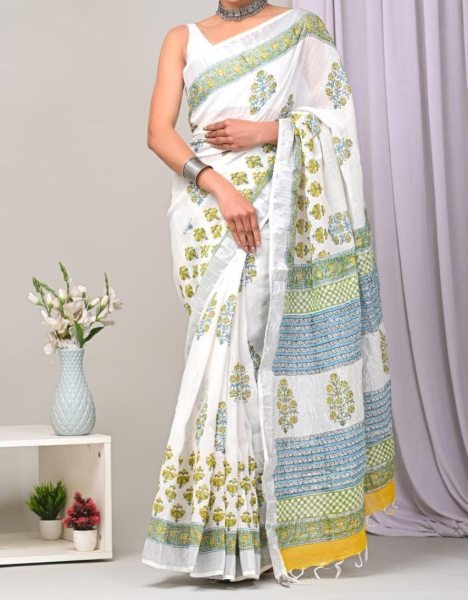 Premium Digital Printed with Zari Border Saree   Linen Sarees Wholesale