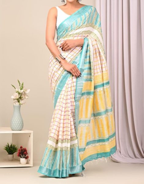 Premium Digital Printed with Zari Border Saree   Linen Sarees Wholesale