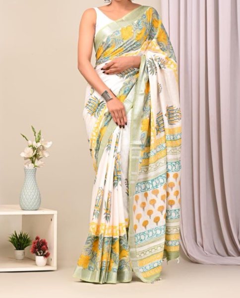 Premium Digital Printed with Zari Border Saree   Linen Sarees Wholesale