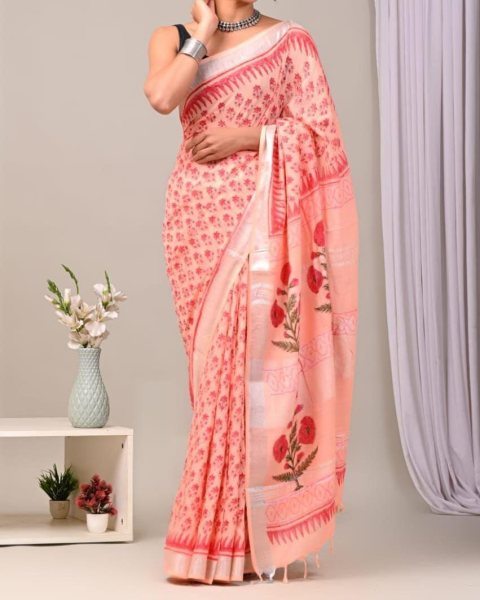 Premium Digital Printed with Zari Border Saree   Linen Sarees Wholesale