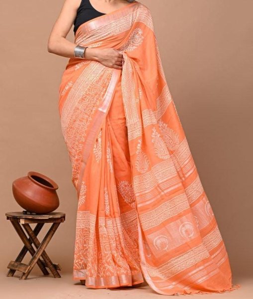 Premium Digital Printed with Zari Border Saree   Linen Sarees Wholesale