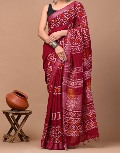 Premium Digital Printed with Zari Border Saree   Linen Sarees Wholesale