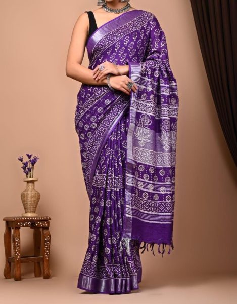 Premium Digital Printed with Zari Border Saree   Linen Sarees Wholesale