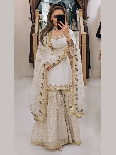 Premium Embroidered Fox Georgette Sharara Set Ready to Wear Festive Party Collection with Cutwork Dupatta at Best Wholesale Price 