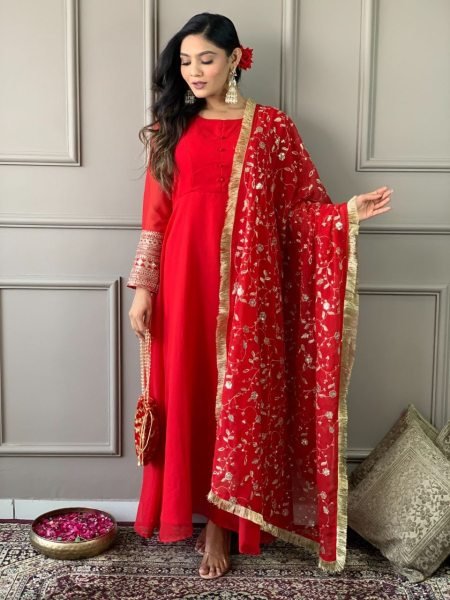 Premium Embroidered Gown with Dupatta and Silk Pants – Ready to Ship Plus Size Kurti / Gown