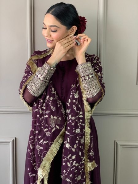 Premium Embroidered Gown with Dupatta and Silk Pants – Ready to Ship Plus Size Kurti / Gown