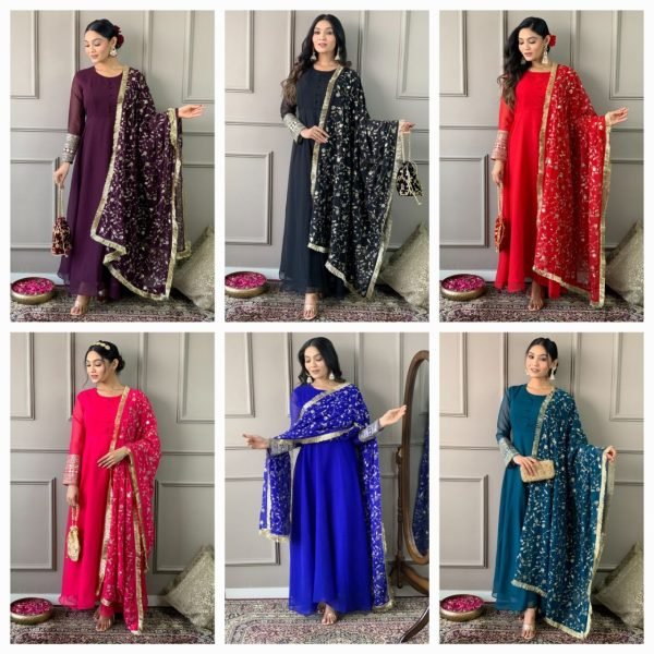Premium Embroidered Gown with Dupatta and Silk Pants – Ready to Ship Plus Size Kurti / Gown