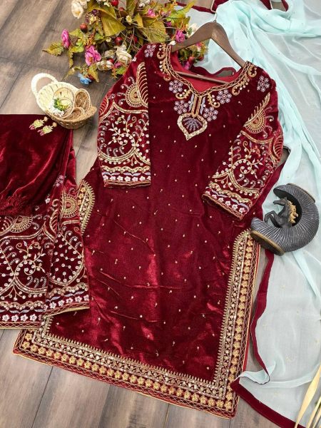 Premium Embroidery Work Suit Pant Dupatta Set Ready To Wear Collection