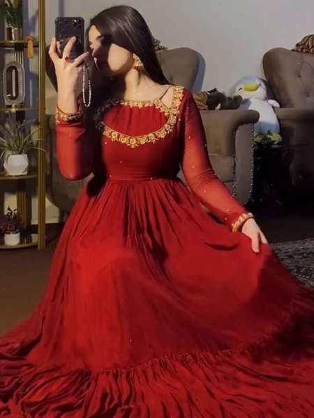 Premium Faux Georgette Party Wear Gown with Embroidered Neckline and Dupatta For Resellers  Ready To Wear Suit