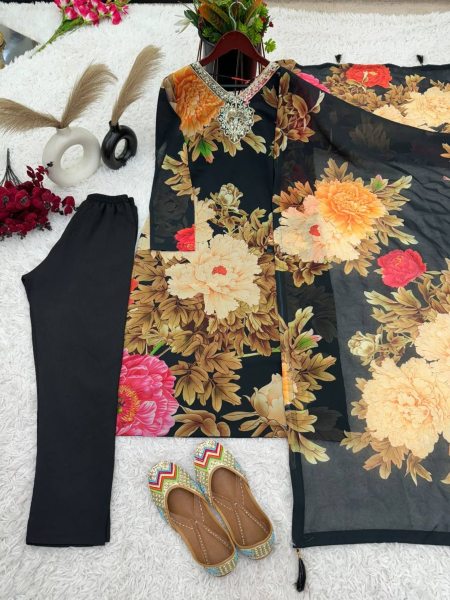 premium  Faux Georgette With Embroidery Sequence Work Kurti With Bottom And Dupatta  Ready To Wear Collection