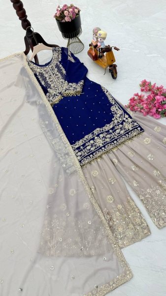 Premium Fox Georgette Party Wear Suit  Set with Sharara   Dupatta   Stunning Embroidery   Sequins  Mirror   Lace Detailing Ready To Wear Collection