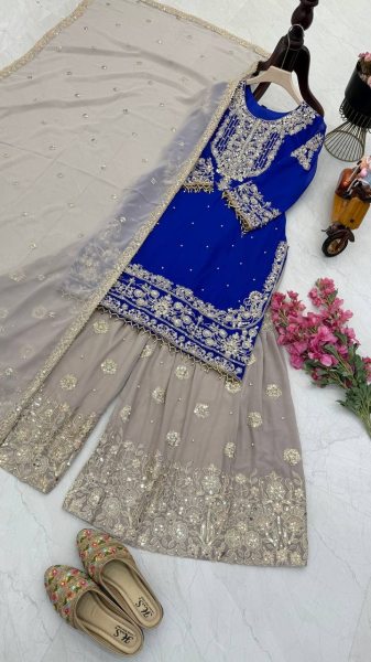 Premium Fox Georgette Party Wear Suit  Set with Sharara   Dupatta   Stunning Embroidery   Sequins  Mirror & Lace Detailing Ready To Wear Collection