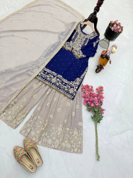 Premium Fox Georgette Party Wear Suit  Set with Sharara   Dupatta   Stunning Embroidery   Sequins  Mirror   Lace Detailing Ready To Wear Collection