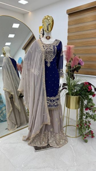 Premium Fox Georgette Party Wear Suit  Set with Sharara   Dupatta   Stunning Embroidery   Sequins  Mirror   Lace Detailing Ready To Wear Collection