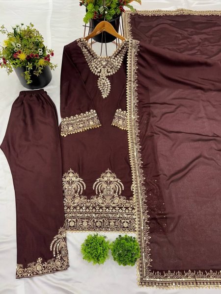 Premium Fully Stitched Chinon Silk Plazzo Suit for Women with Heavy Sequence Embroidery Work Ready To Wear Collection