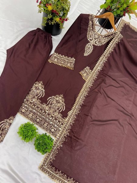 Premium Fully Stitched Chinon Silk Plazzo Suit for Women with Heavy Sequence Embroidery Work Ready To Wear Collection