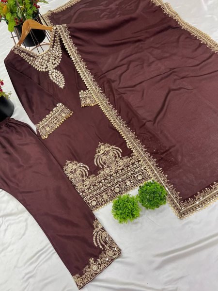 Premium Fully Stitched Chinon Silk Plazzo Suit for Women with Heavy Sequence Embroidery Work Ready To Wear Collection