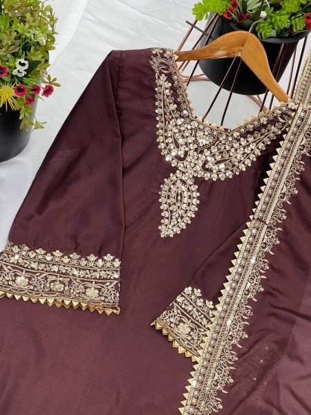 Premium Fully Stitched Chinon Silk Plazzo Suit for Women with Heavy Sequence Embroidery Work Ready To Wear Collection